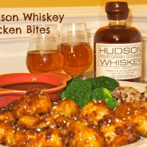 Whiskey Chicken nuggets with whiskey bottle