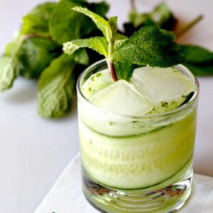 cucumber mint gimlet in glass on napkin