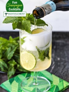 picture of champagne being poured into glass with mint and limes