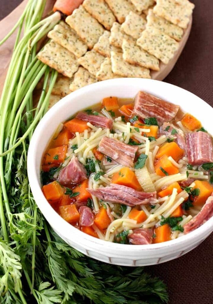 Slow Cooker Ham and Noodle Soup is a slow cooker soup recipe with noodles and carrots