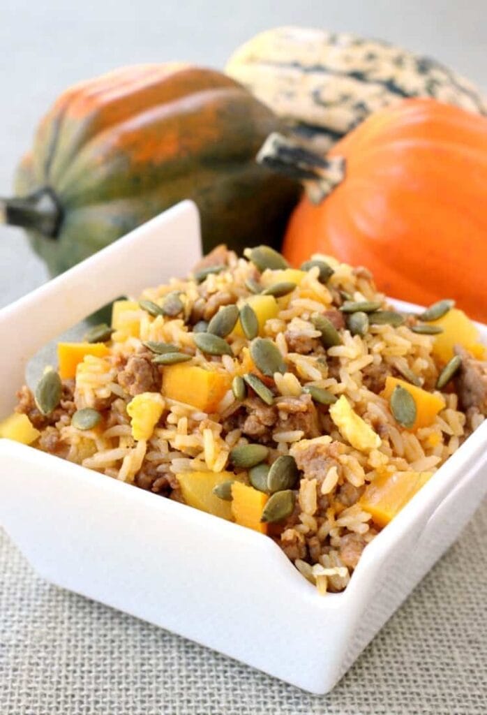 Fall Fried Rice is the perfect weeknight dinner, the squash cooks up in minutes in the microwave!