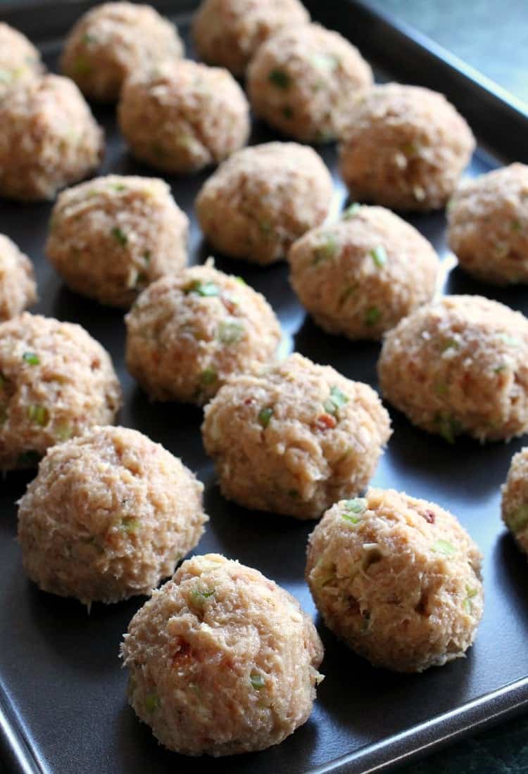 Cheese Doodle Chicken Meatballs on baking sheet