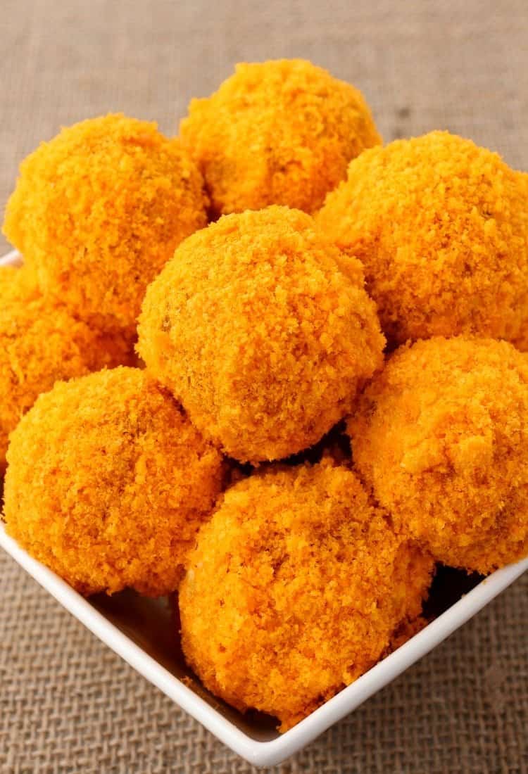 Cheese Doodle Chicken Meatballs are the ultimate kid party food!