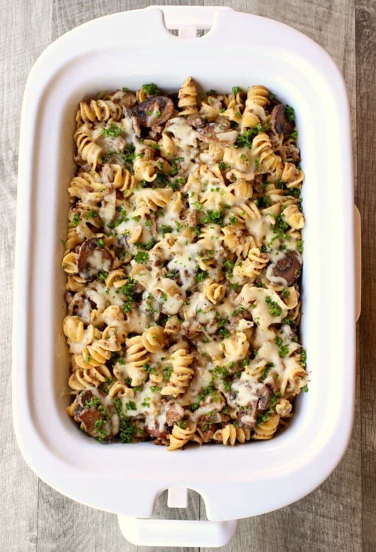Add a layer of mozzarella to this Slow Cooker Cheesy Beef Stroganoff!