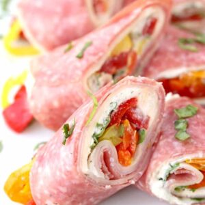 Italian Deli Roll Ups stacked on plate