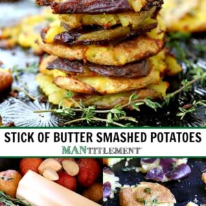 crispy potatoes stacked on a sheet pan with fresh thyme