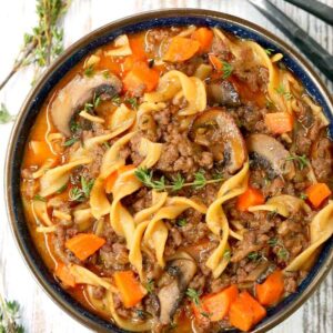 Beef Burgundy Mushroom Soup is a comfort food soup recipe with beef and noodles