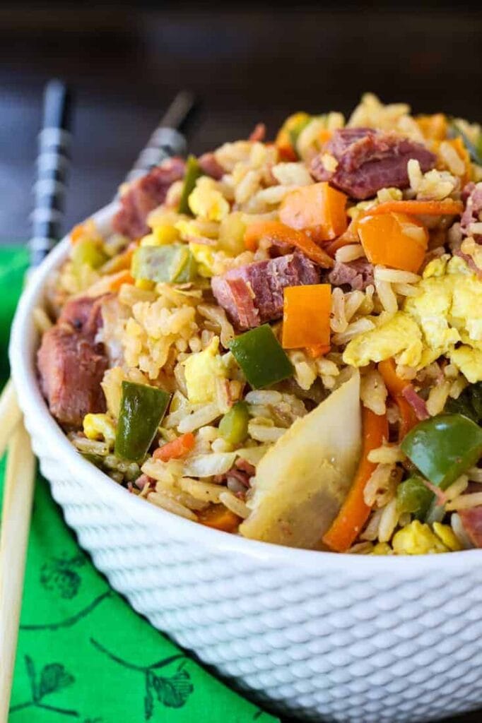 corned beef fried rice in white bowl