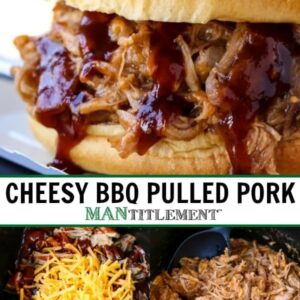 Cheesy BBQ Pulled Pork is a crock pot pulled pork recipe that you can serve on sandwiches or in baked potatoes