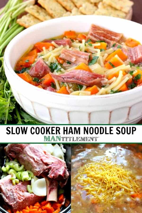 ham and noodle soup recipe collage for pinterest