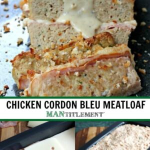 A layered, chicken meatloaf with ham and swiss cheese