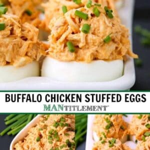 Hard boiled eggs stuffed with buffalo chicken salad