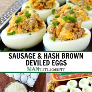 deviled eggs with sausage and hash browns collage for Pinterest