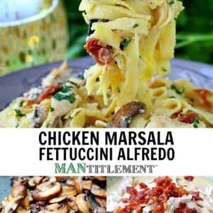 Chicken Marsala Fettuccini Alfredo recipe collage for Pinterest