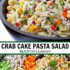 crab cake pasta salad collage for pinterest