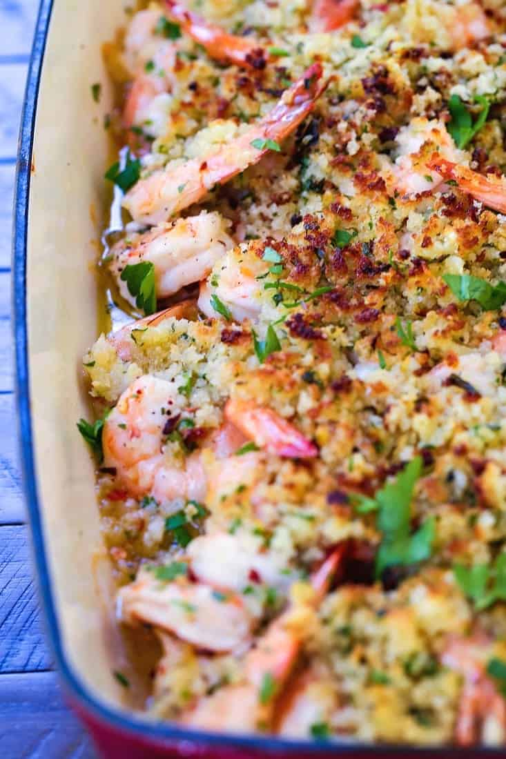 shrimp scampi in a baking dish after cooking