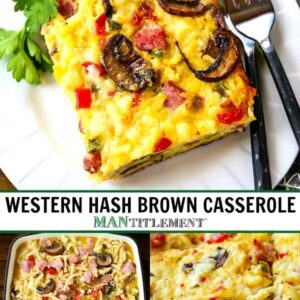 hash brown casserole with ham collage for pinterest
