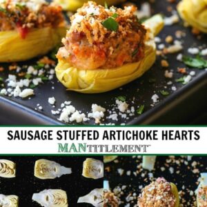 sausage stuffed artichoke hearts recipe for Pinterest