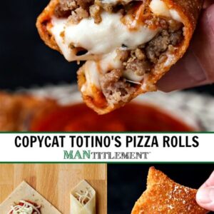 A collage with three images. First, a pizza roll cut in half filled with gooey cheese and ground meat. Second, a pair of raw wonton shells with sauce and cheese. Third, a crispy finished pizza roll.