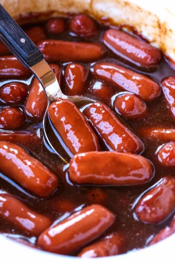 Cocktail franks in sweet bbq sauce for appetizers