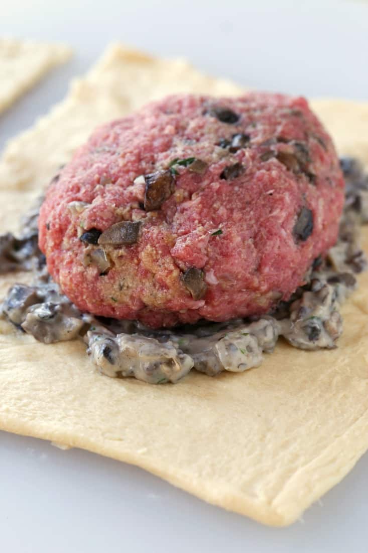 ground beef and mushrooms form beef patties for affordable beef wellington recipe