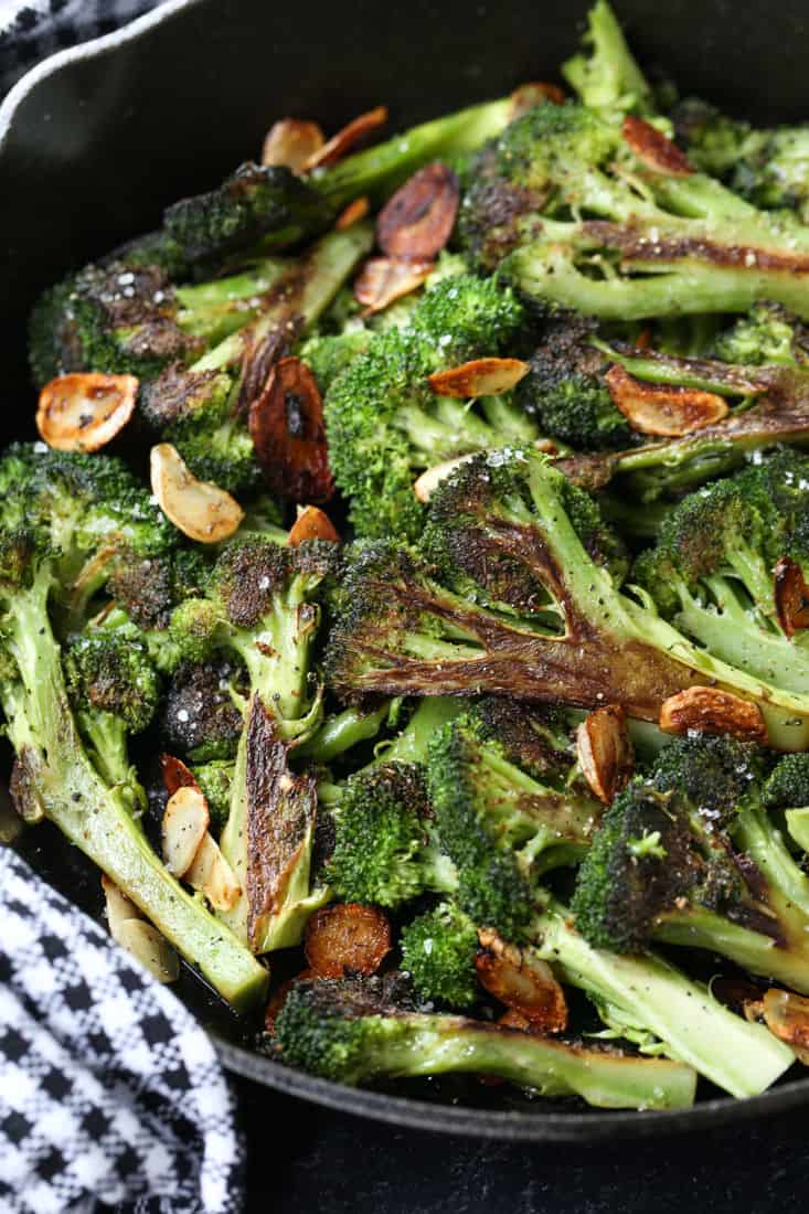 Roasted broccoli in a skillet