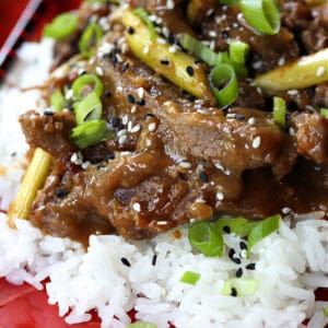 Crock Pot Mongolian Beef with scallions served over rice