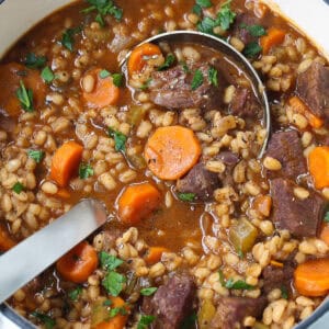 beef barley soup in pot with ladle