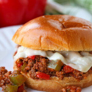 sloppy joe sandwich with cheese on white plate