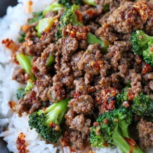 Ground Beef and Broccoli on white rice