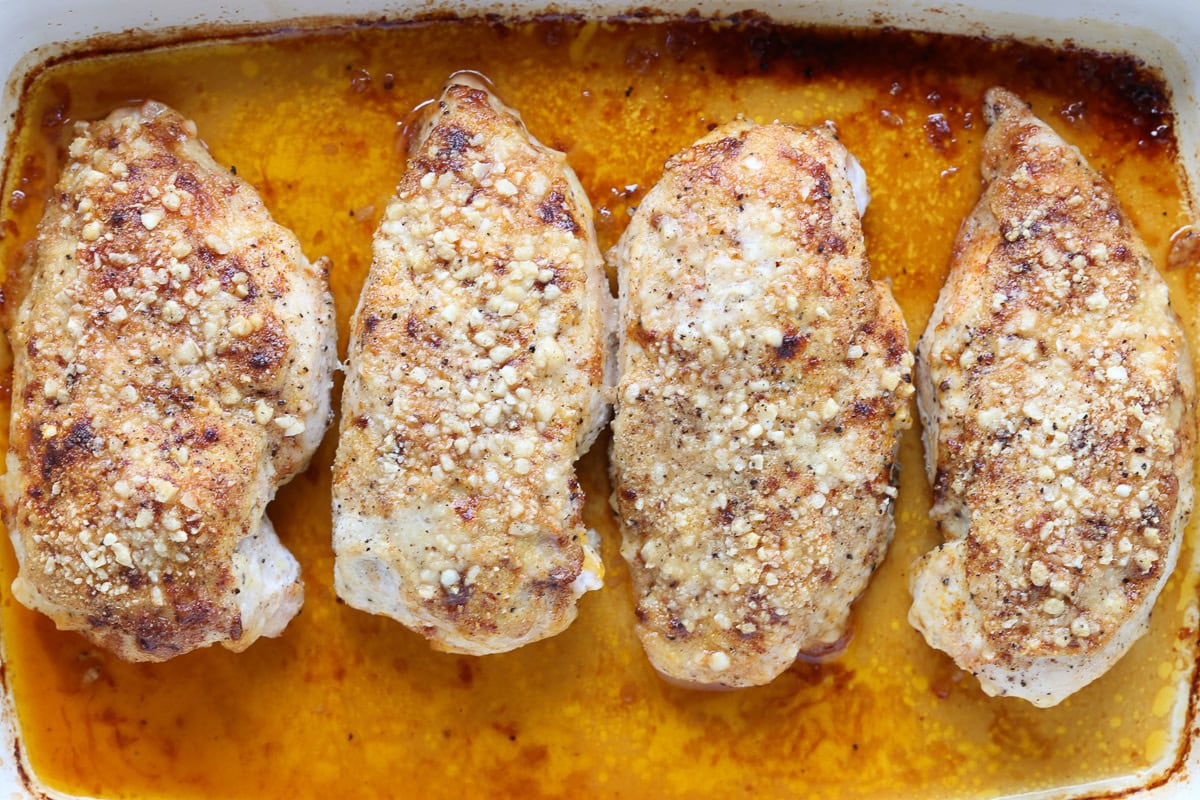 baked parmesan chicken breasts in baking dish