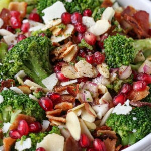 salad with broccoli, almonds and pomegranate seeds