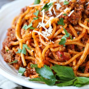 Spaghetti recipe with ground beef on a pate