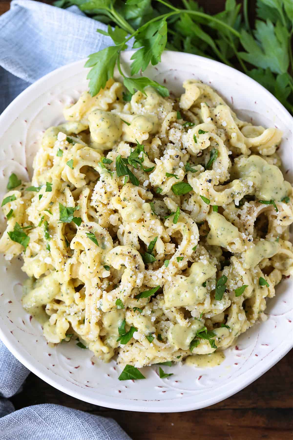 pasta with zucchini cream sauce on plate with parsley