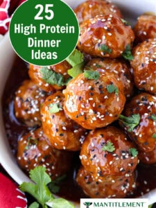 teriyaki meatballs with high protein dinner ideas graphic