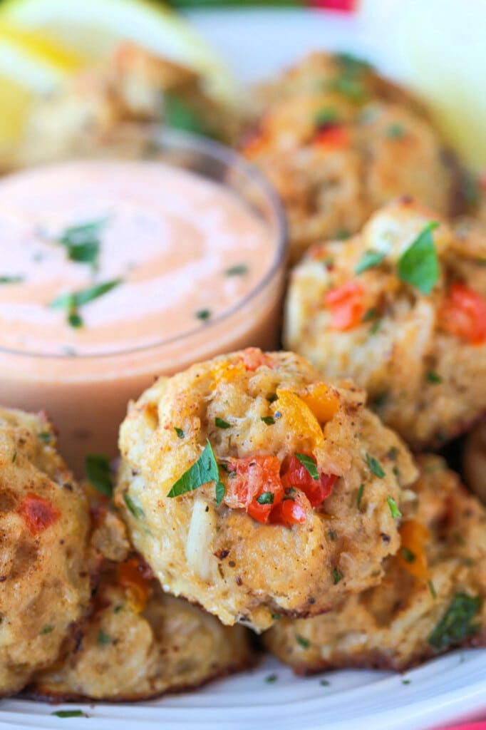 crab balls with peppers on a plate