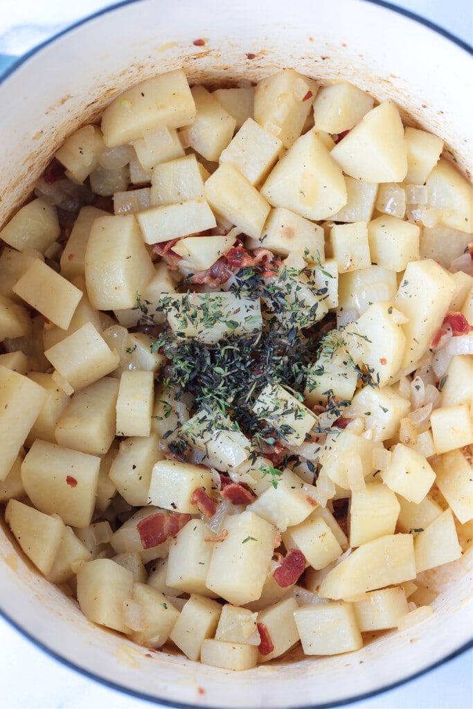 potatoes, onions and bacon and thyme for chowder