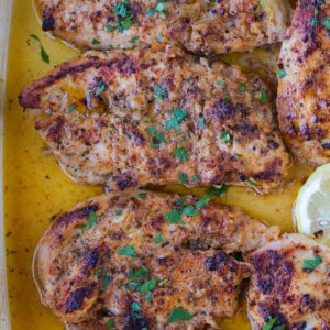marinated chicken breasts in baking dish