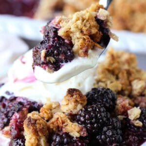 spoonful of berry crisp with vanilla ice cream