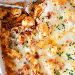 serving spoon in a casserole dish with tortellini and cheese