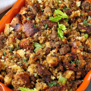 sausage cornbread dressing in baking dish on an angle