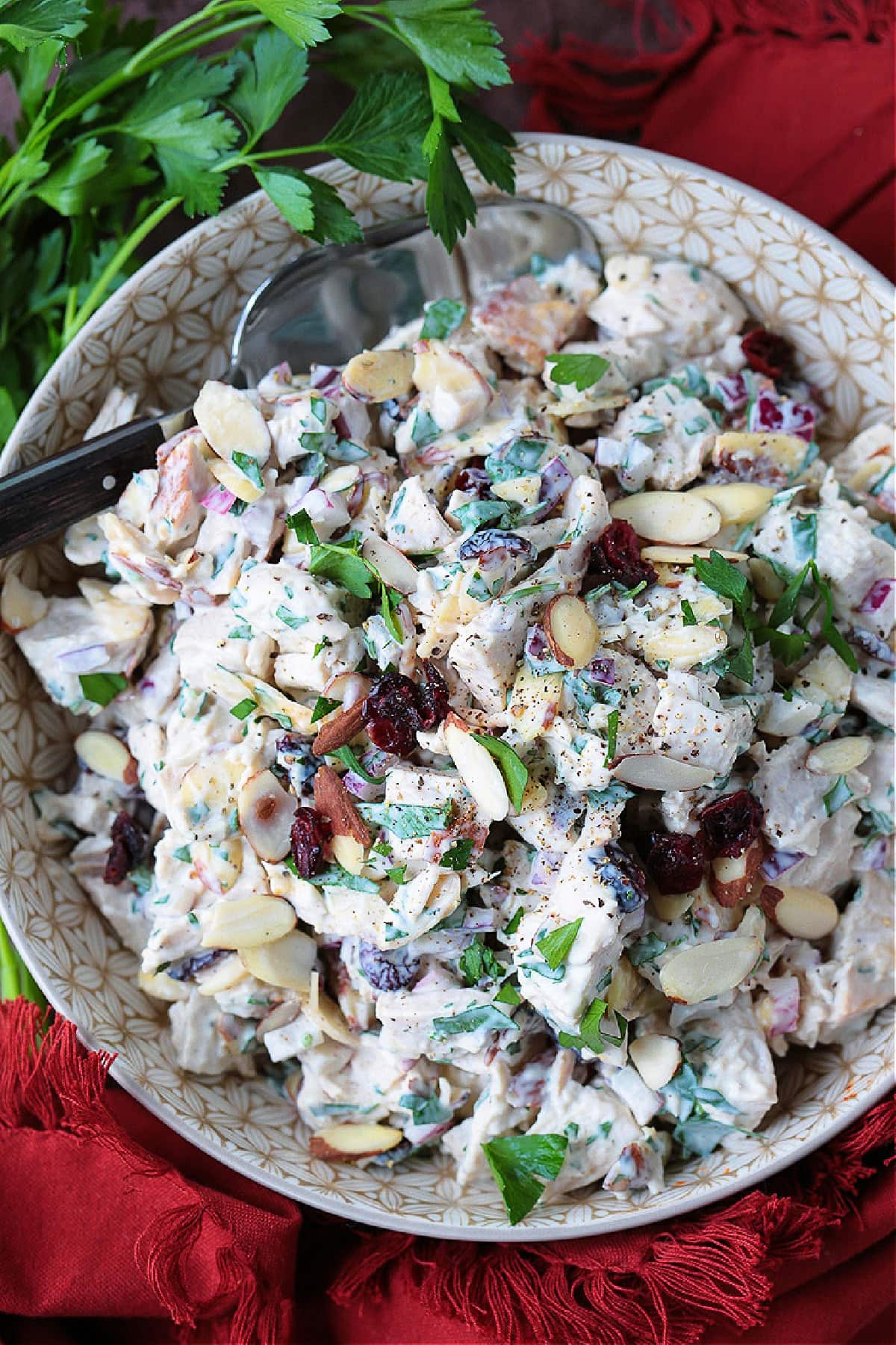 turkey salad in a bowl from the top