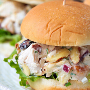 turkey salad on slider buns with lettuce and toothpick
