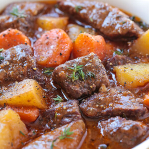 Irish stew in a bowl from the side