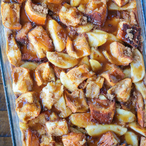 apple bread pudding in baking dish