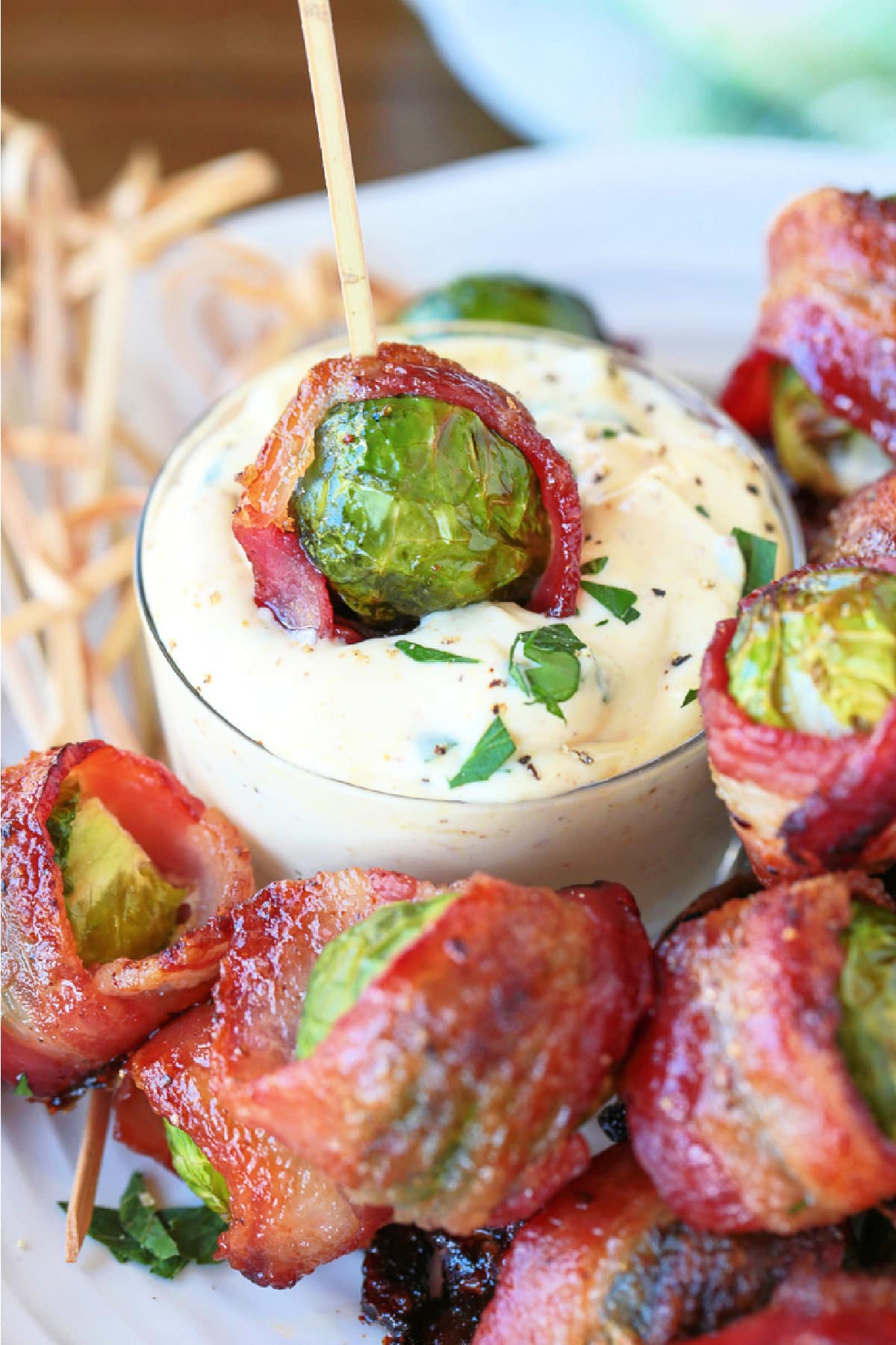 bacon wrapped brussles sprout dipped in aioli