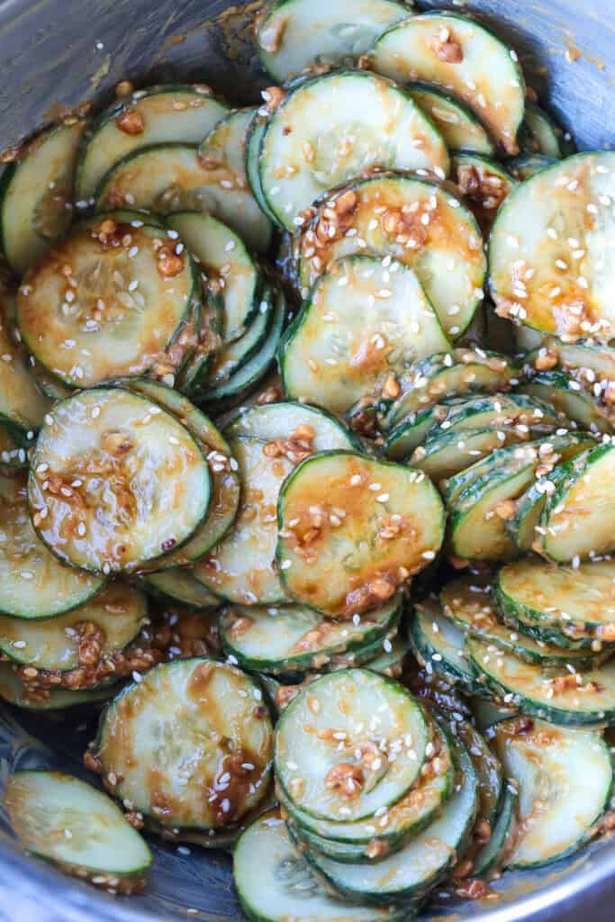 sliced cucumbers tossed in peanut sauce