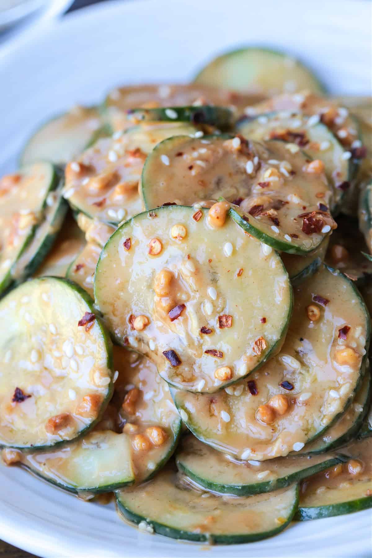 asian cucumber salad on plate up close