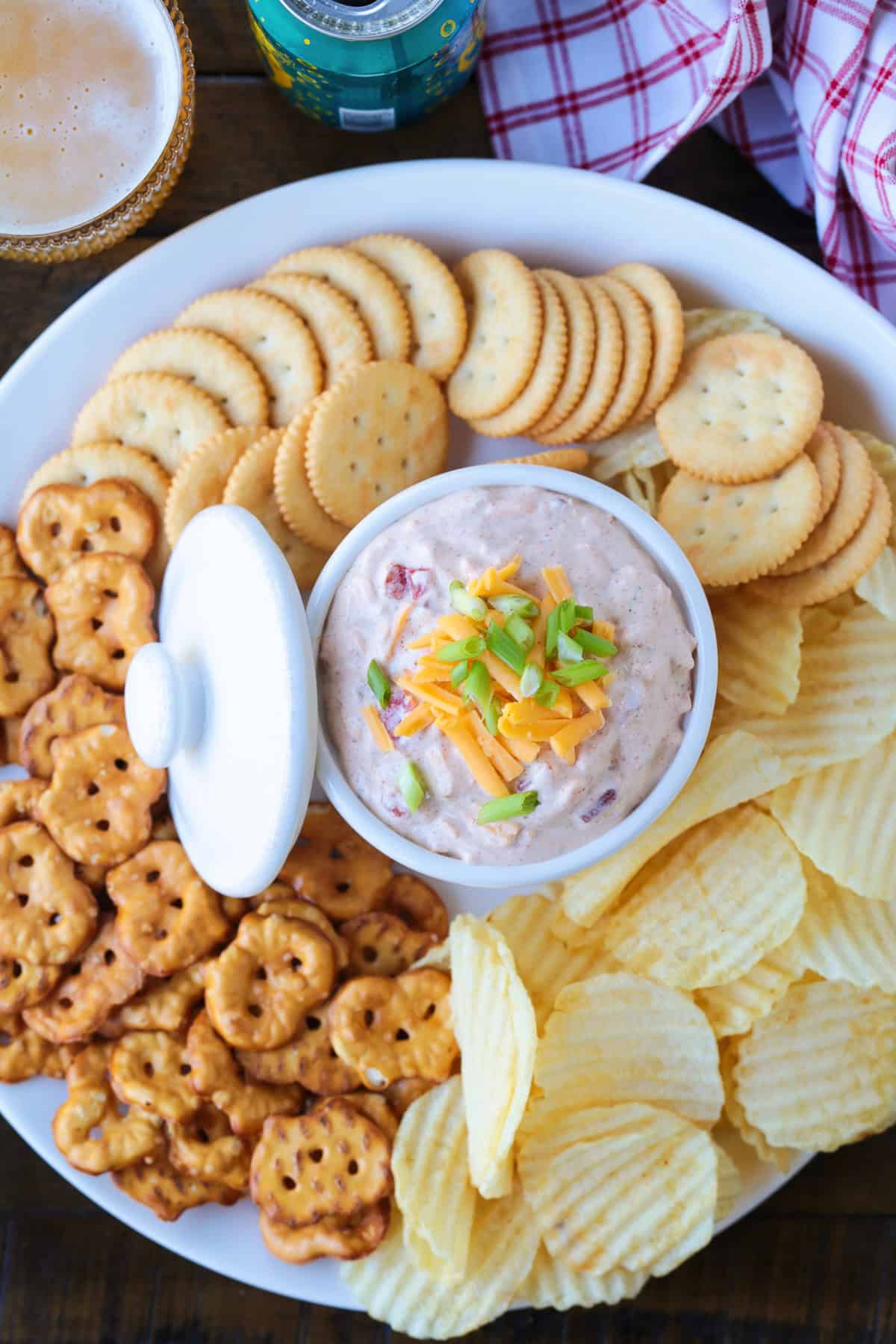 platter with dip and chips for dipping