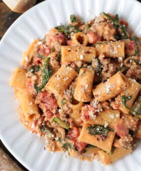 rigatoni with sausage in a pink cream sauce on a white plate